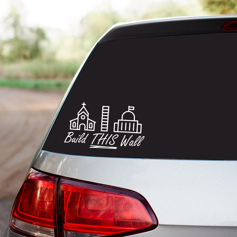 'Built THIS Wall' sticker - Outlines of a church, government building, and brick wall representing church-state separation.